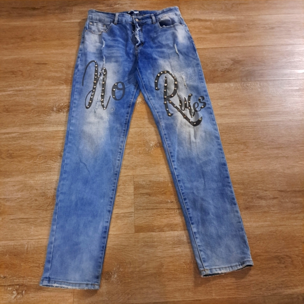 Blue Topic Denim Distressed Jeans 'No Rules' Design Diamond Studs Size 13/14